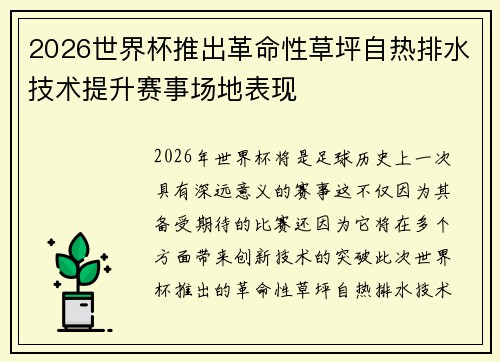 2026世界杯推出革命性草坪自热排水技术提升赛事场地表现