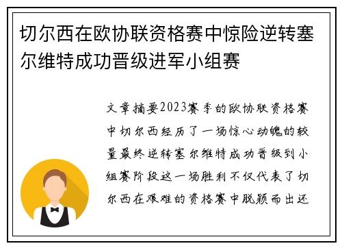 切尔西在欧协联资格赛中惊险逆转塞尔维特成功晋级进军小组赛