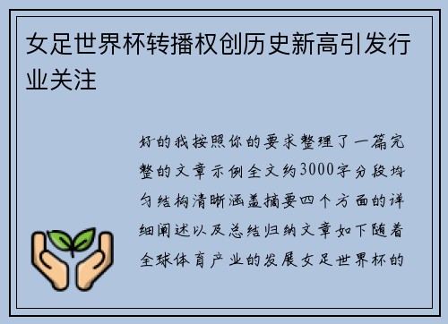 女足世界杯转播权创历史新高引发行业关注