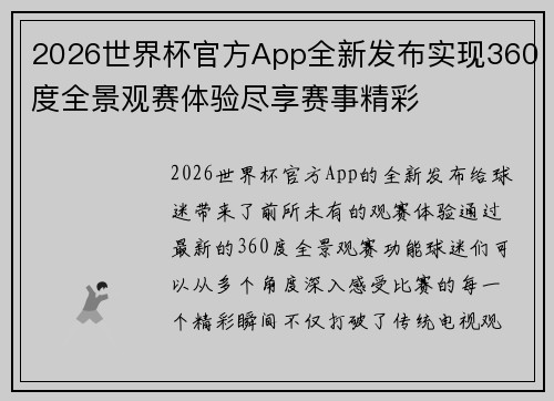 2026世界杯官方App全新发布实现360度全景观赛体验尽享赛事精彩