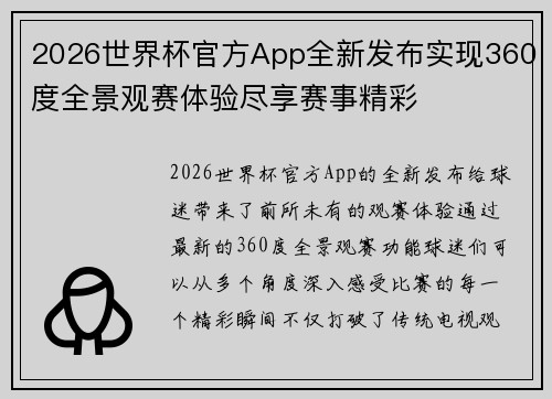 2026世界杯官方App全新发布实现360度全景观赛体验尽享赛事精彩